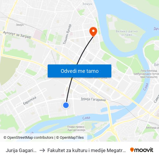 Jurija Gagarina to Fakultet za kulturu i medije Megatrend map