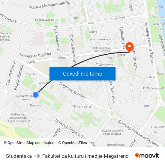 Studentska to Fakultet za kulturu i medije Megatrend map