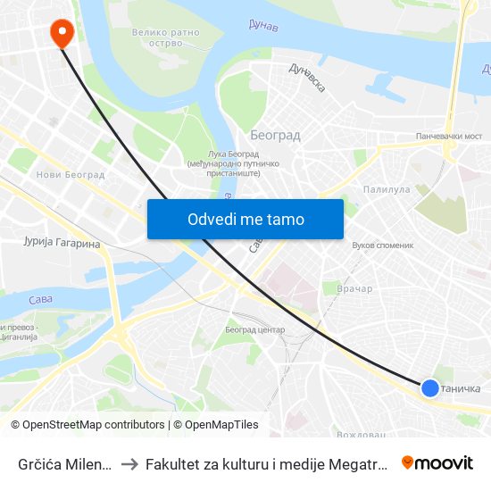 Grčića Milenka to Fakultet za kulturu i medije Megatrend map