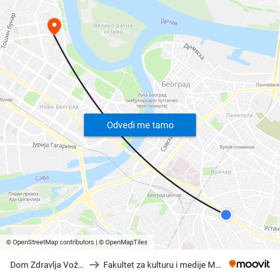 Dom Zdravlja Voždovac to Fakultet za kulturu i medije Megatrend map