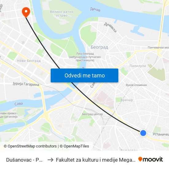 Dušanovac - Pošta to Fakultet za kulturu i medije Megatrend map