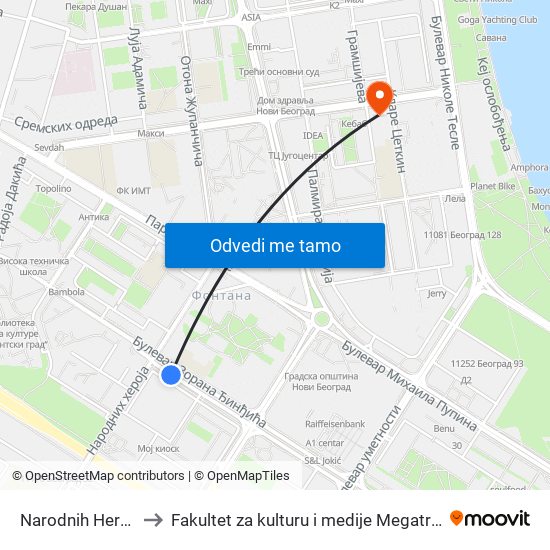 Narodnih Heroja to Fakultet za kulturu i medije Megatrend map