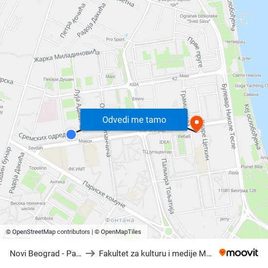 Novi Beograd - Paviljoni to Fakultet za kulturu i medije Megatrend map