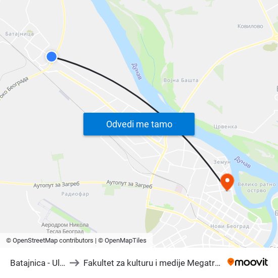 Batajnica - Ulaz to Fakultet za kulturu i medije Megatrend map