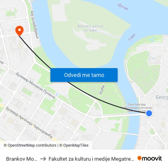 Brankov Most to Fakultet za kulturu i medije Megatrend map