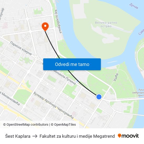 Šest Kaplara to Fakultet za kulturu i medije Megatrend map