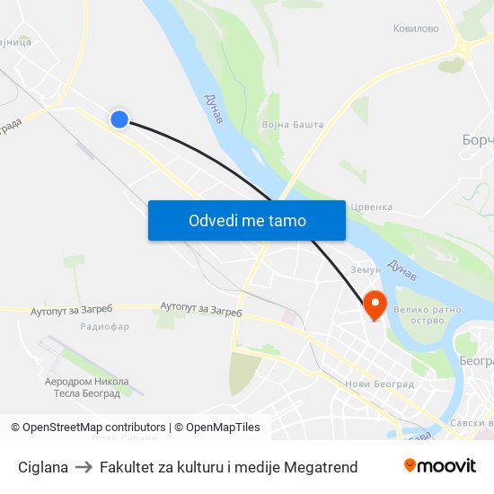 Ciglana to Fakultet za kulturu i medije Megatrend map