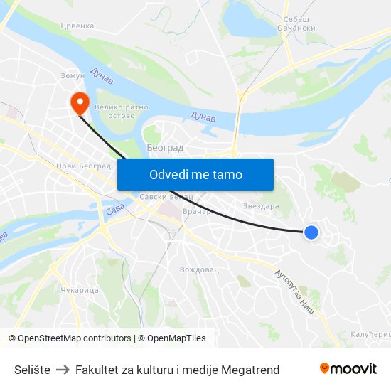 Selište to Fakultet za kulturu i medije Megatrend map