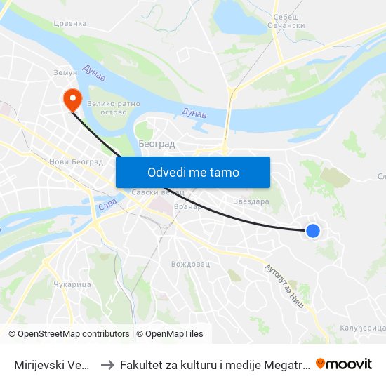 Mirijevski Venac to Fakultet za kulturu i medije Megatrend map