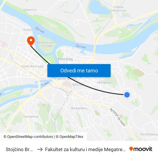 Stojčino Brdo to Fakultet za kulturu i medije Megatrend map