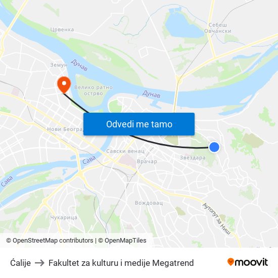 Ćalije to Fakultet za kulturu i medije Megatrend map