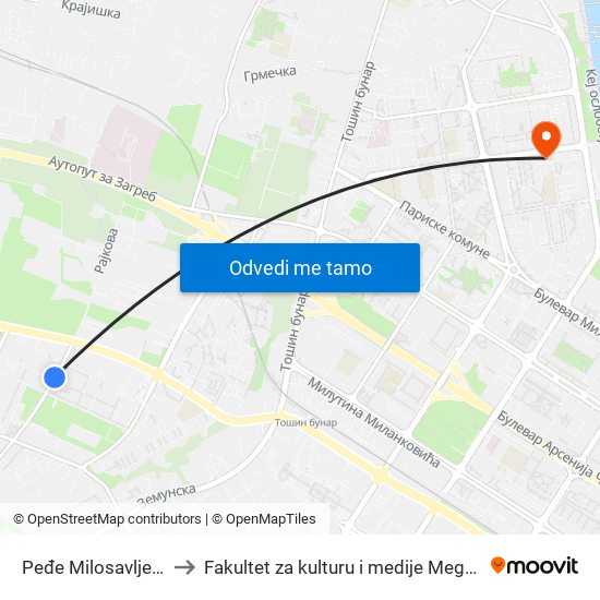 Peđe Milosavljevića to Fakultet za kulturu i medije Megatrend map