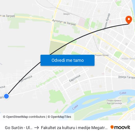 Go Surčin - Ulaz to Fakultet za kulturu i medije Megatrend map