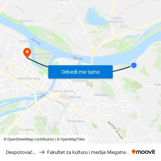 Despotovačka to Fakultet za kulturu i medije Megatrend map