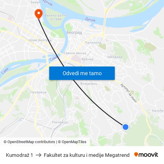 Kumodraž 1 to Fakultet za kulturu i medije Megatrend map