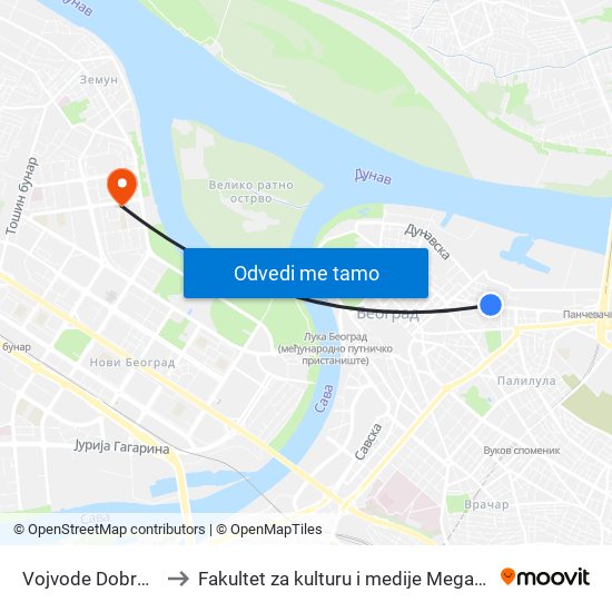 Vojvode Dobrnjca to Fakultet za kulturu i medije Megatrend map