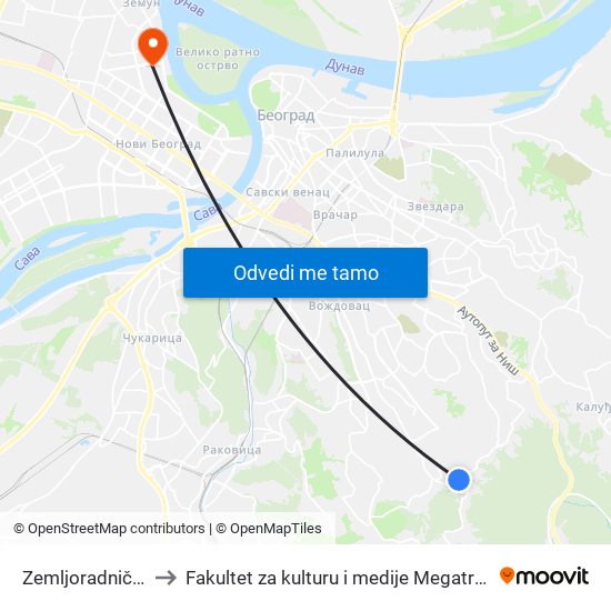 Zemljoradnička to Fakultet za kulturu i medije Megatrend map