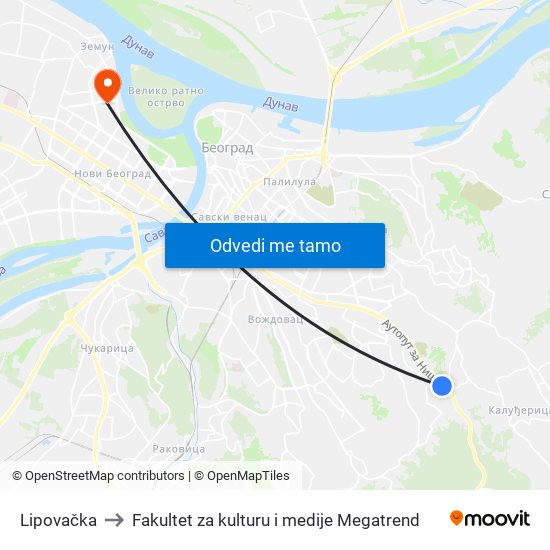 Lipovačka to Fakultet za kulturu i medije Megatrend map