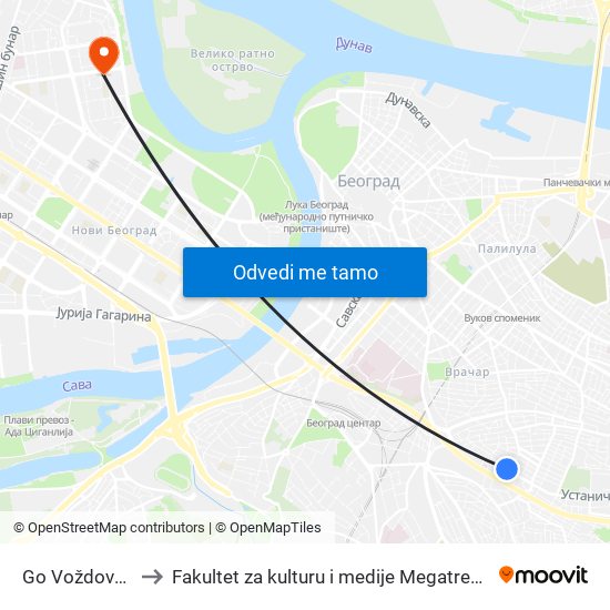 Go Voždovac to Fakultet za kulturu i medije Megatrend map