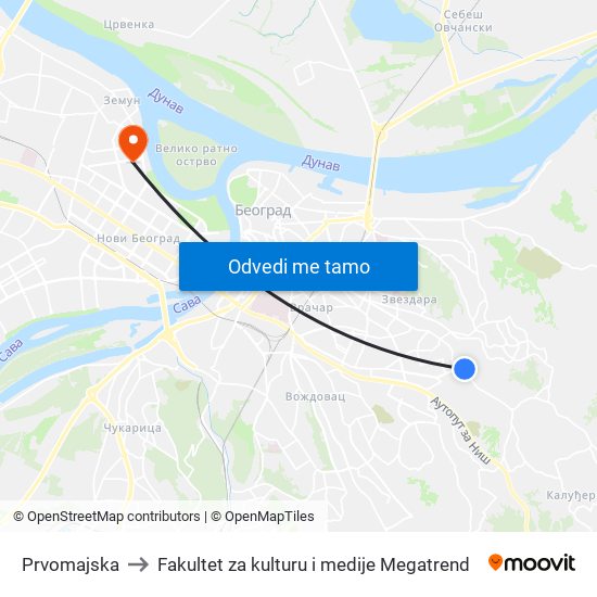 Prvomajska to Fakultet za kulturu i medije Megatrend map