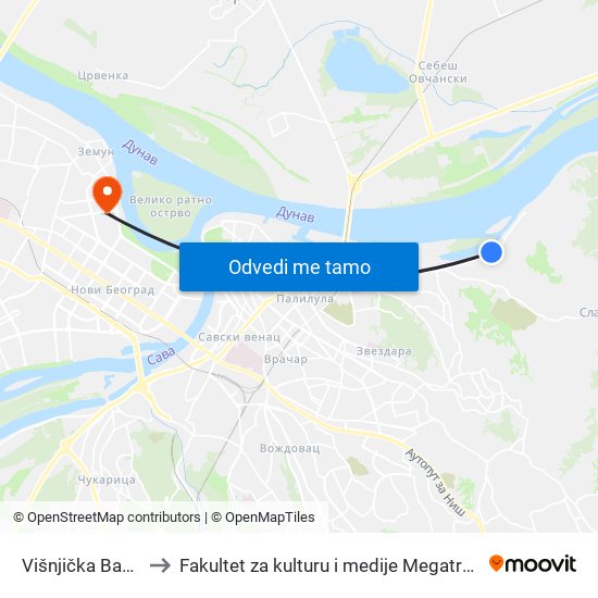 Višnjička Banja to Fakultet za kulturu i medije Megatrend map