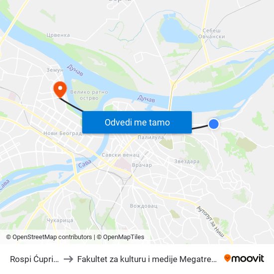 Rospi Ćuprija to Fakultet za kulturu i medije Megatrend map