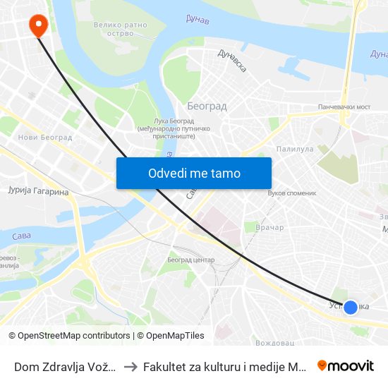 Dom Zdravlja Voždovac to Fakultet za kulturu i medije Megatrend map