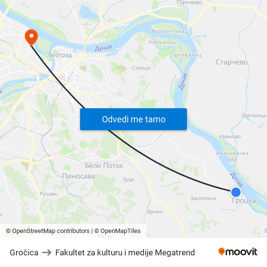 Gročica to Fakultet za kulturu i medije Megatrend map