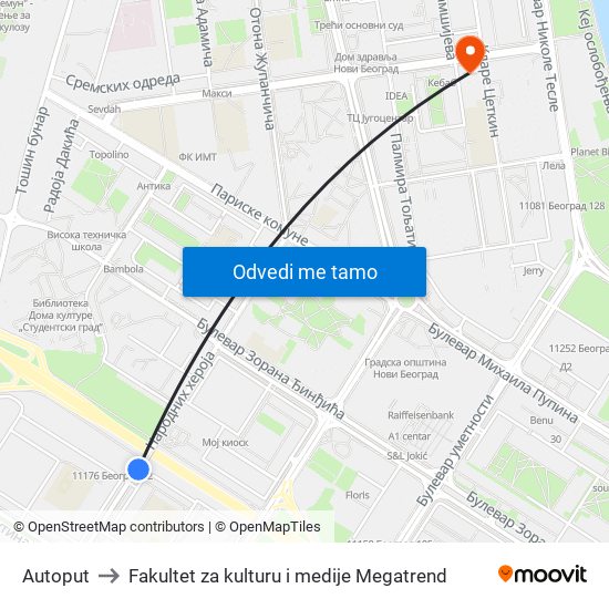 Autoput to Fakultet za kulturu i medije Megatrend map