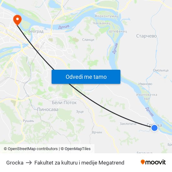 Grocka to Fakultet za kulturu i medije Megatrend map