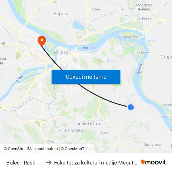 Boleč - Raskršće to Fakultet za kulturu i medije Megatrend map