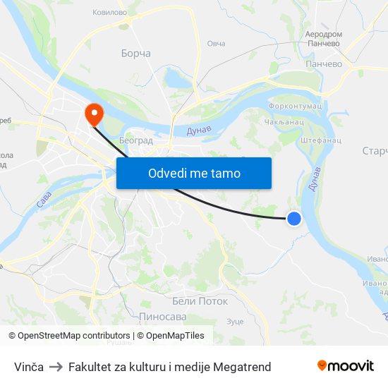 Vinča to Fakultet za kulturu i medije Megatrend map