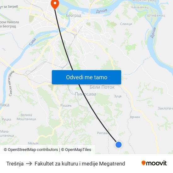 Trešnja to Fakultet za kulturu i medije Megatrend map