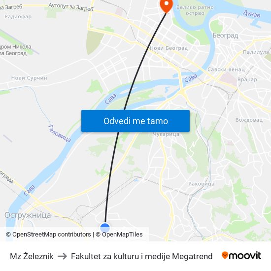 Mz Železnik to Fakultet za kulturu i medije Megatrend map