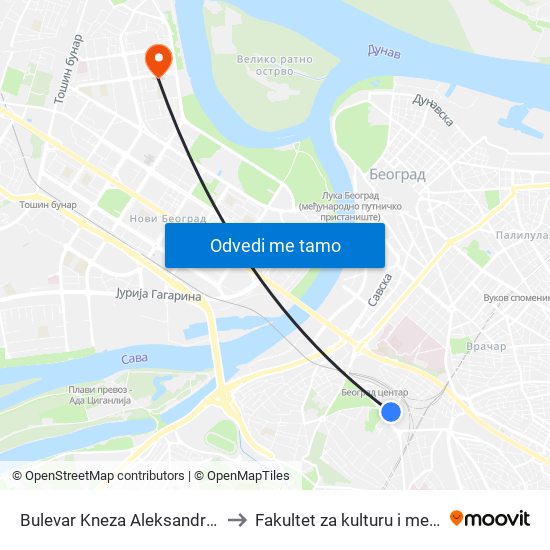 Bulevar Kneza Aleksandra Karađorđevića to Fakultet za kulturu i medije Megatrend map