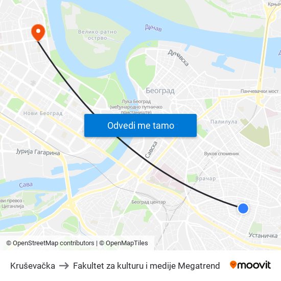 Kruševačka to Fakultet za kulturu i medije Megatrend map