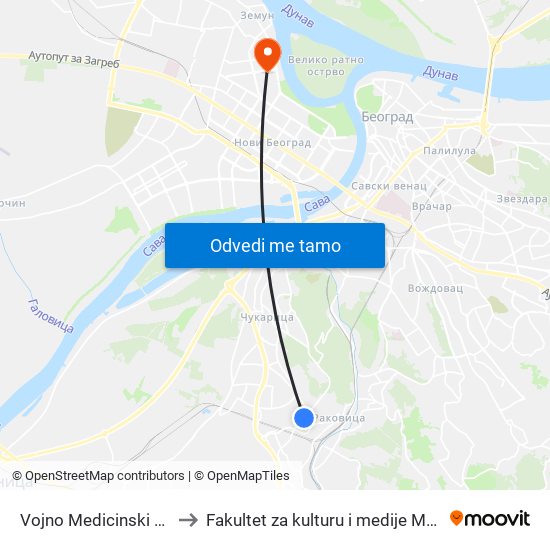 Vojno Medicinski Centar to Fakultet za kulturu i medije Megatrend map