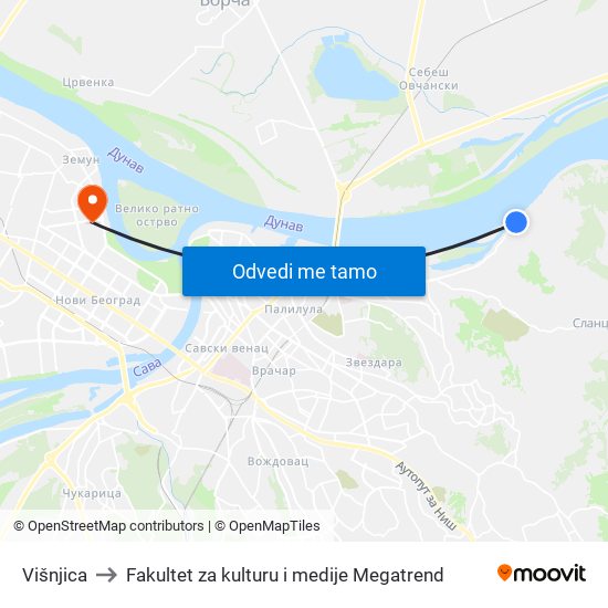 Višnjica to Fakultet za kulturu i medije Megatrend map