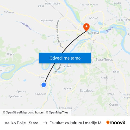 Veliko Polje - Stara Pruga to Fakultet za kulturu i medije Megatrend map