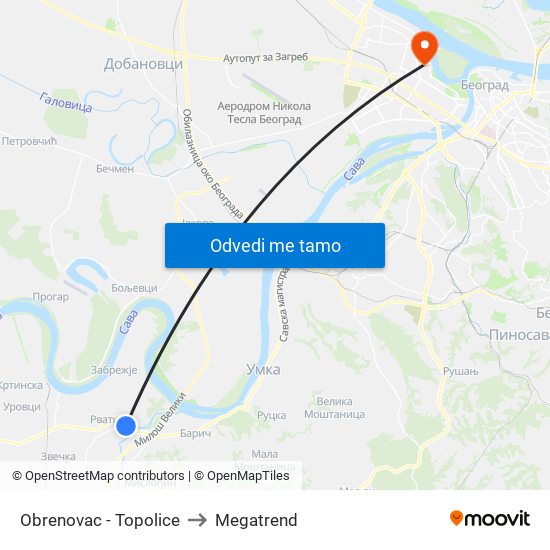 Obrenovac - Topolice to Megatrend map