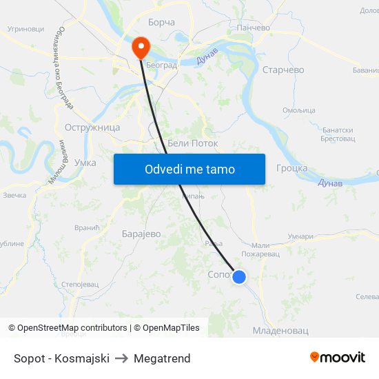 Sopot - Kosmajski to Megatrend map