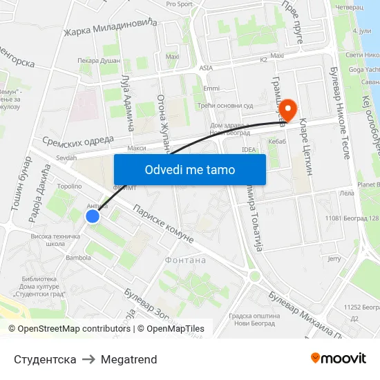 Студентска to Megatrend map