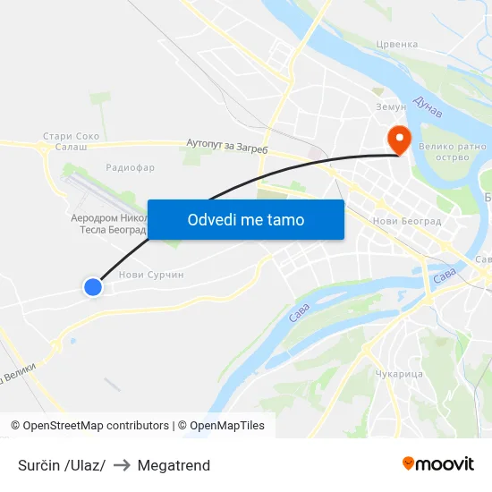 Surčin /Ulaz/ to Megatrend map
