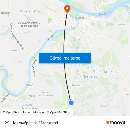 29. Новембра to Megatrend map