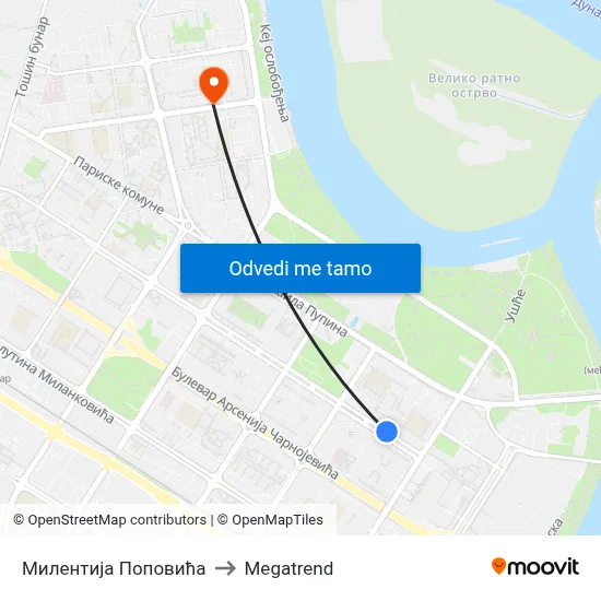 Милентија Поповића to Megatrend map