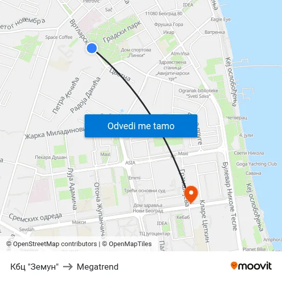 Кбц "Земун" to Megatrend map