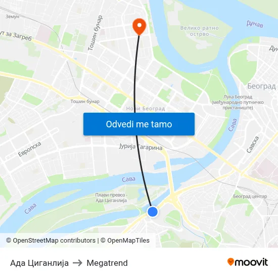 Ада Циганлија to Megatrend map