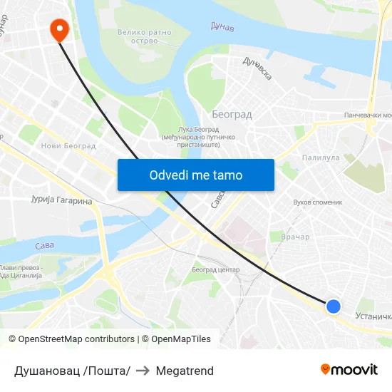 Душановац /Пошта/ to Megatrend map