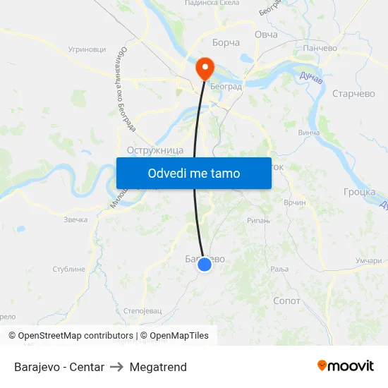 Barajevo - Centar to Megatrend map