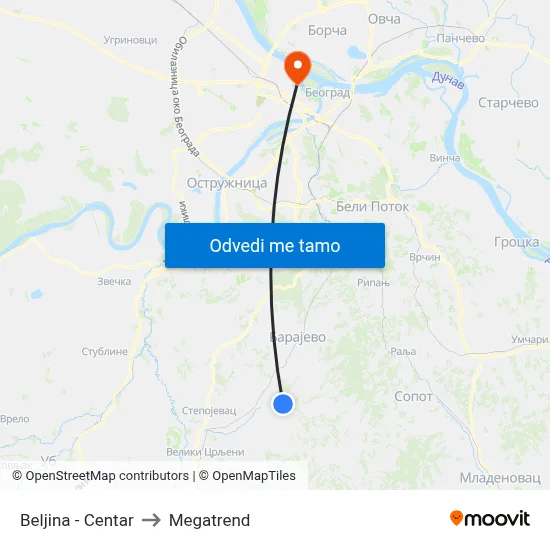 Beljina - Centar to Megatrend map
